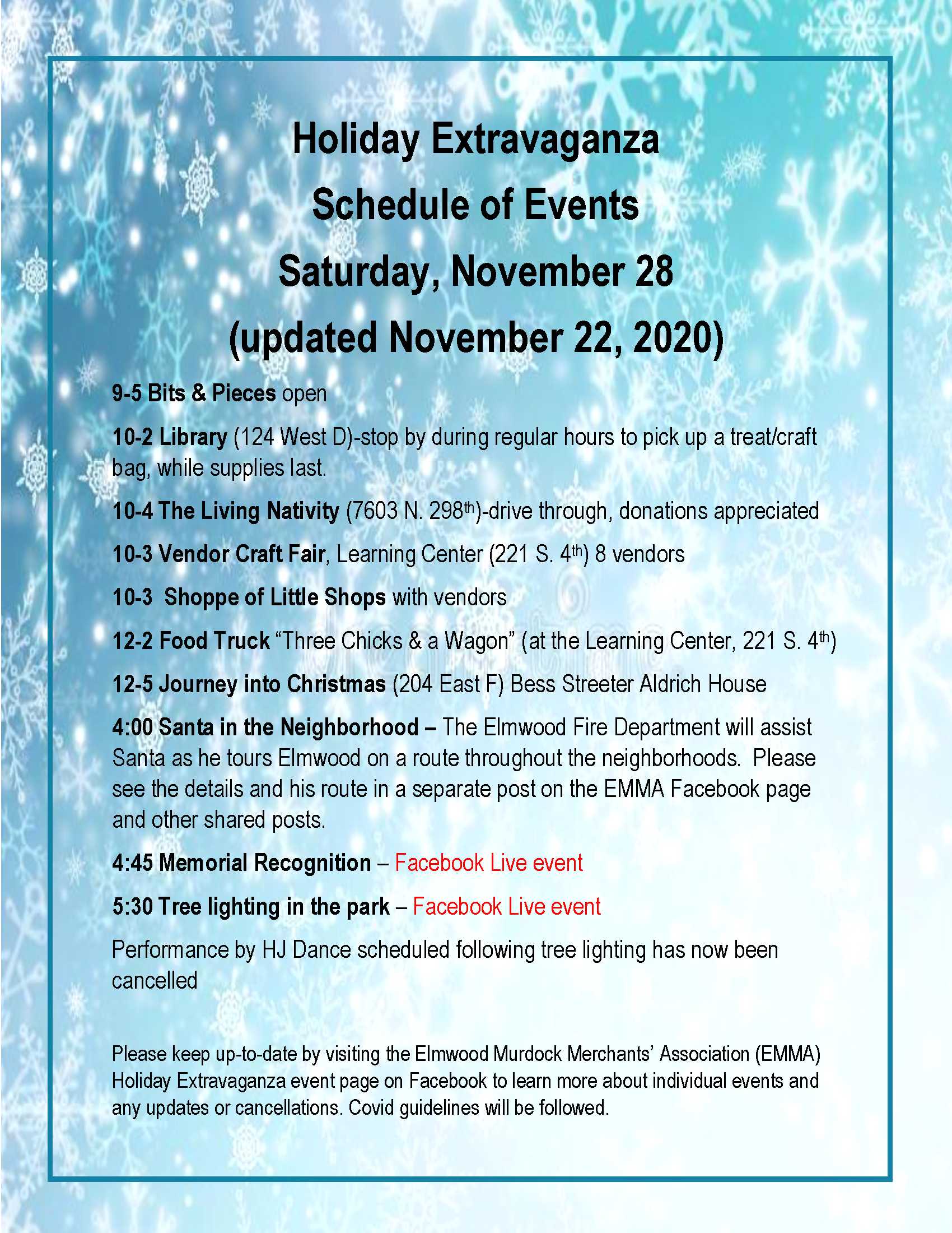 Holiday Extravaganza Schedule of Events as of Nov 22