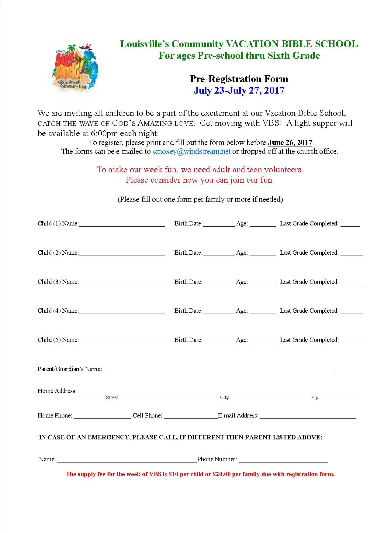 VBS Registration form 2017